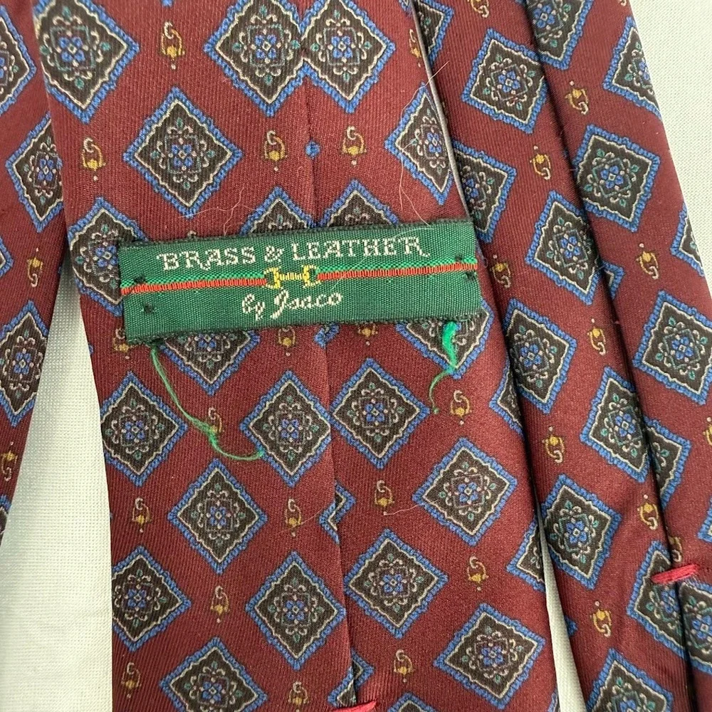 Vintage Brass & Leather by Jadeo Silk Tie Made in Italy Burgundy Geometric Medal